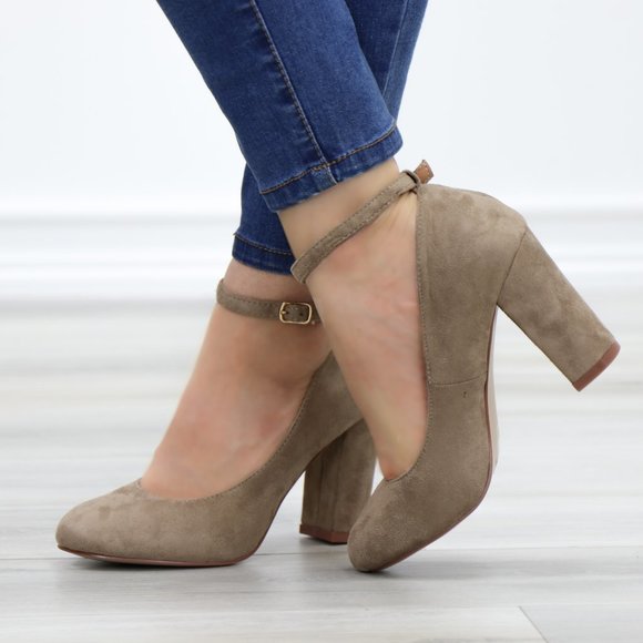 Taupe Ankle Strap Vintage Style Block Heels - Picture 6 of 14